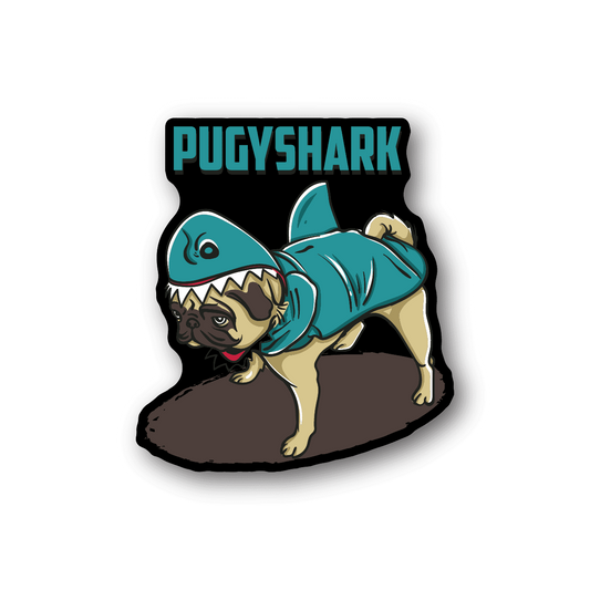 Vinyl sticker with PugShark character—pug and teal shark in action pose