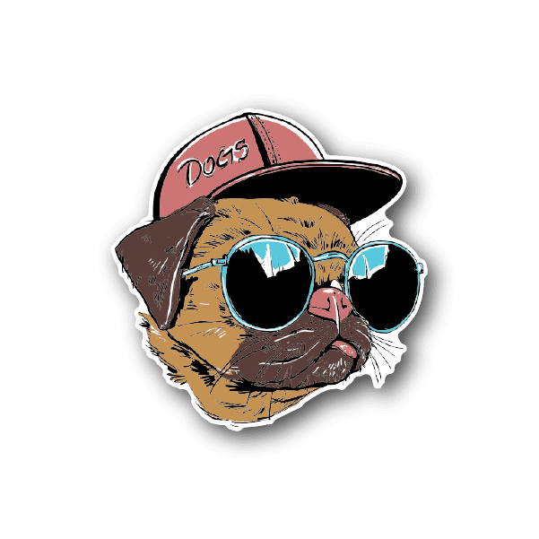 Vinyl sticker of a pug wearing blue glasses and a brown cap with a pink patch