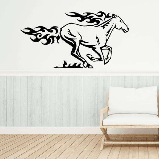 Horse decal with black flames and white pulling silhouette, saddle harness design