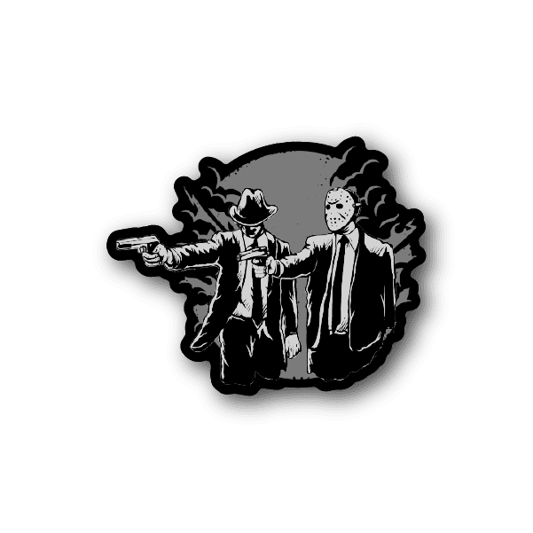 Vinyl sticker with two cartoon figures, one holding a pistol, grayscale illustration