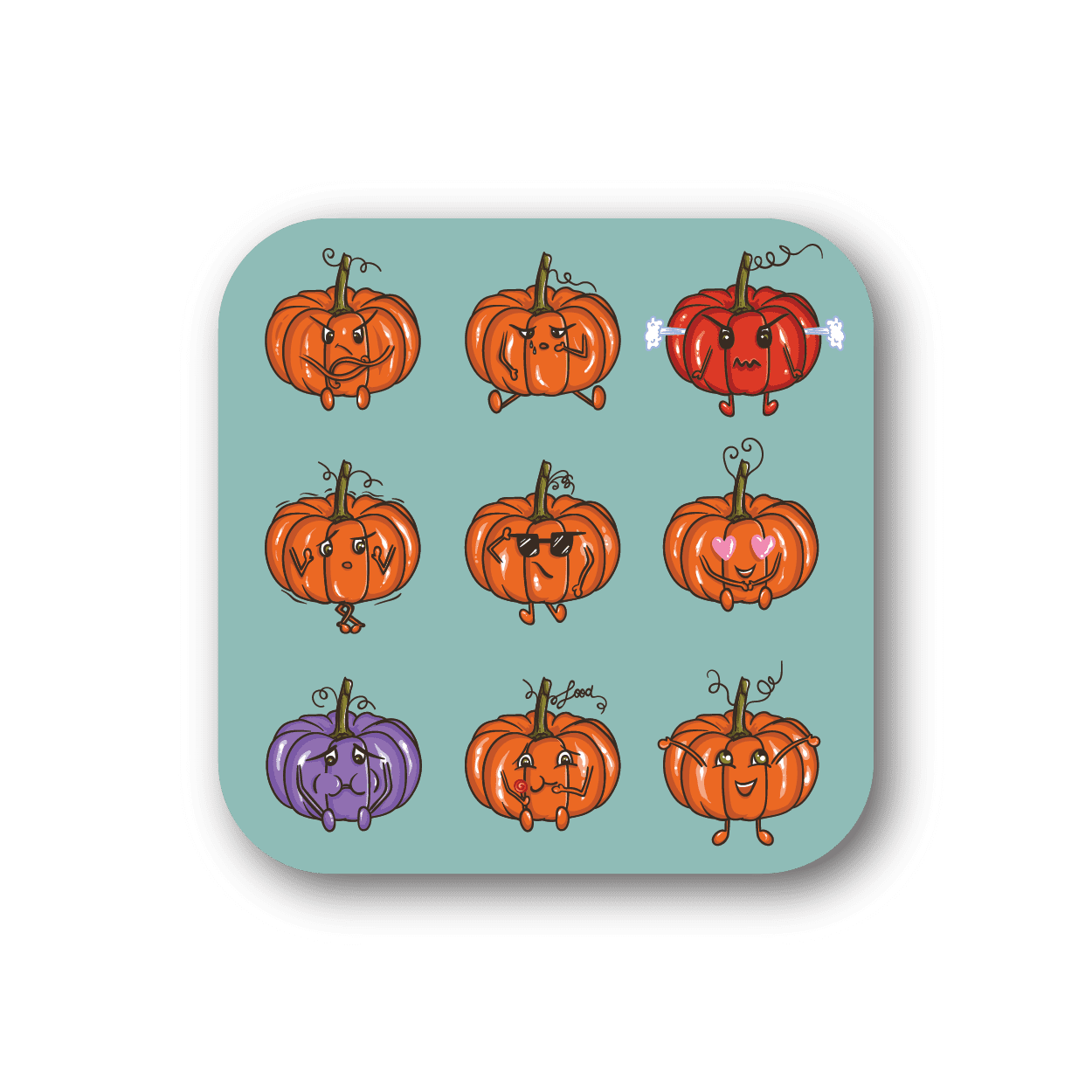 Vinyl sticker sheet with cute pumpkin emoji faces in orange and purple
