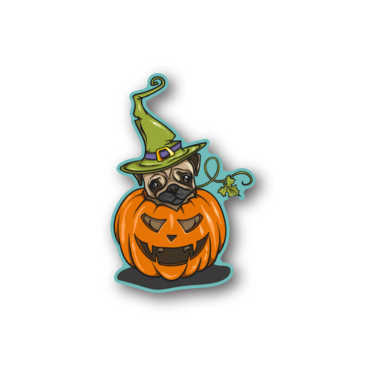Pumpkin emoji vinyl sticker: orange jack-o’-lantern with green witch hat, cartoon face