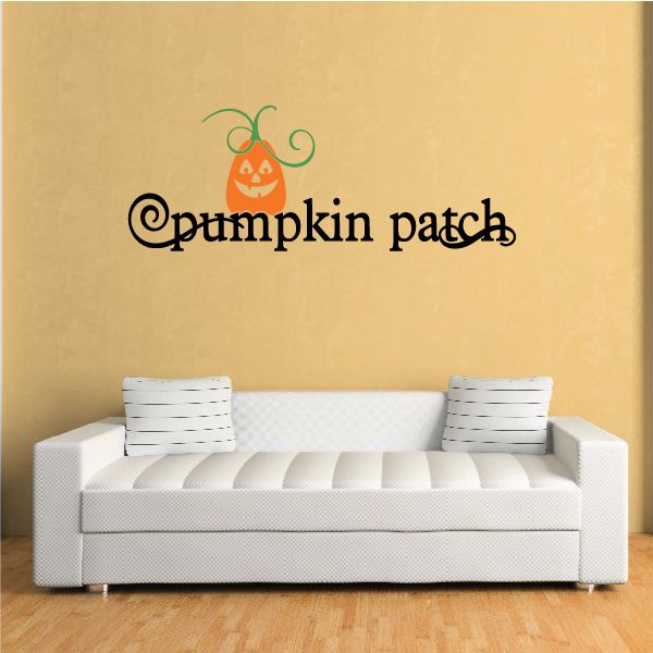 Pumpkin patch jack-o-lantern decal: orange pumpkin face with green vine and black 'Pumpkin patch' text