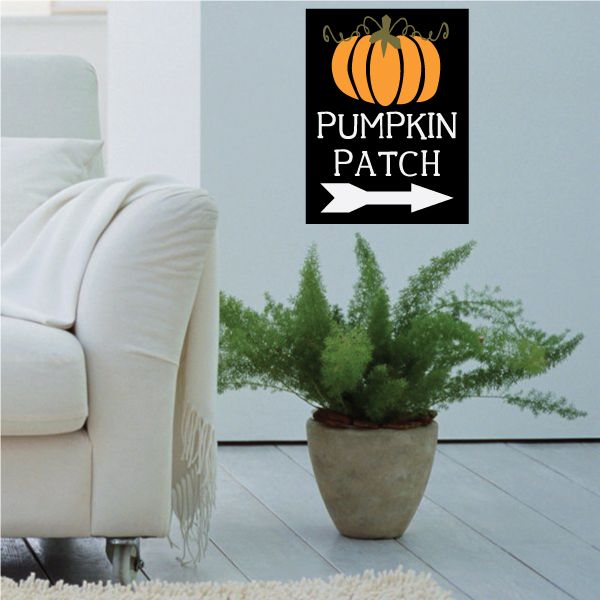 Pumpkin Patch sticker with orange pumpkin icon on black square