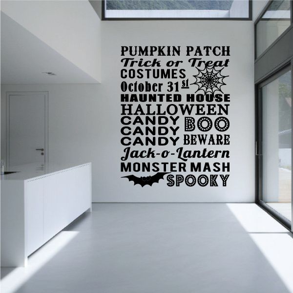 Halloween typography decal with spooky words: Pumpkin Patch, Trick or Treat, Candy, Beware