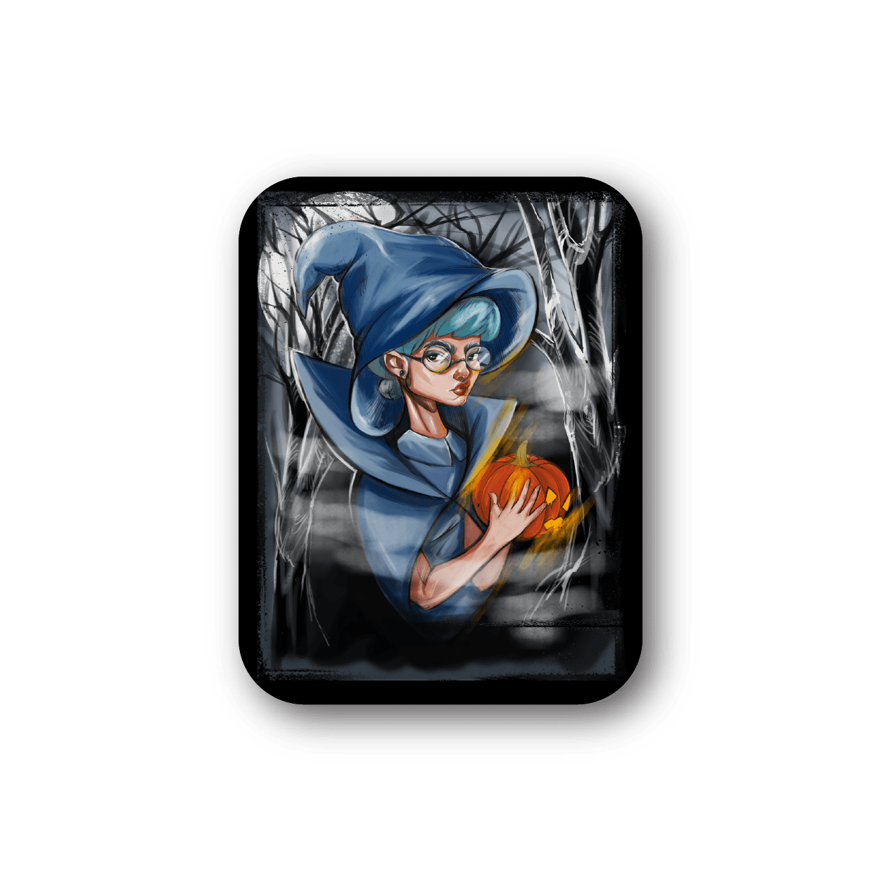 Square vinyl sticker of a blue-cloaked witch holding an orange pumpkin
