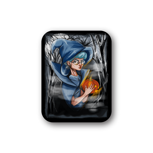 Square vinyl sticker of a blue-cloaked witch holding an orange pumpkin