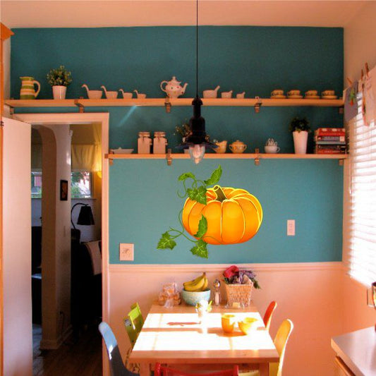 Thanksgiving pumpkin with green vines wall sticker, bright yellow orange pumpkin illustration