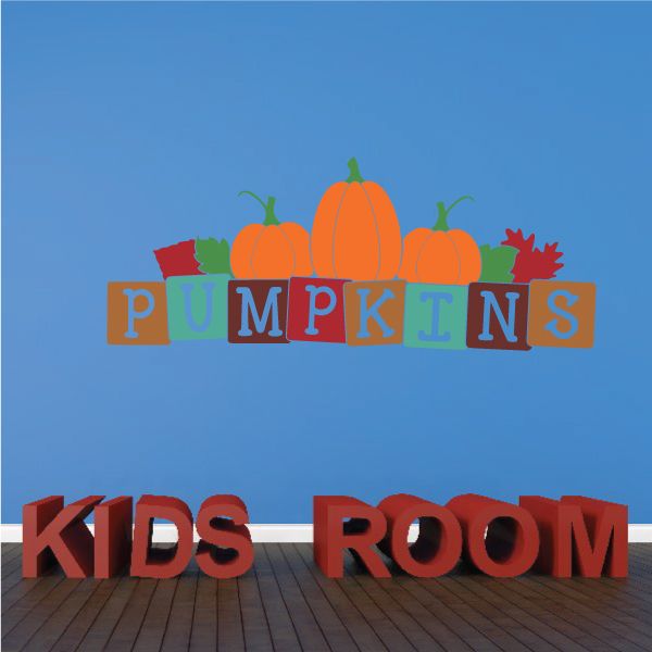 Pumpkins wall decal with colorful letter blocks spelling PUMPKINS and KIDS ROOM