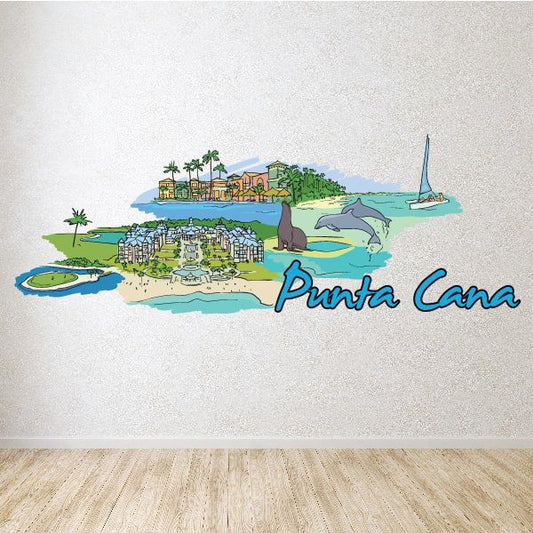 Punta Cana sticker with colorful coastline, palm trees, dolphins, and cursive text