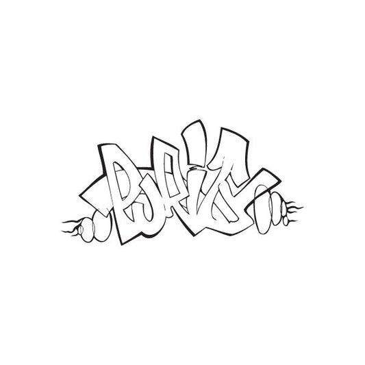 Graffiti decal with stylized black lettering and outline accents