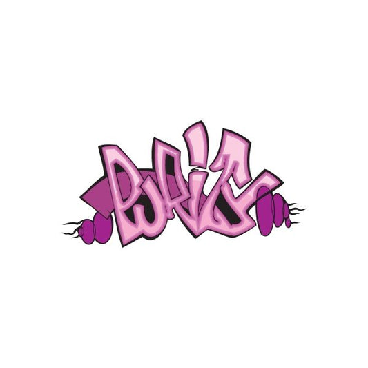 Graffiti sticker with purple and pink 'Purity' lettering