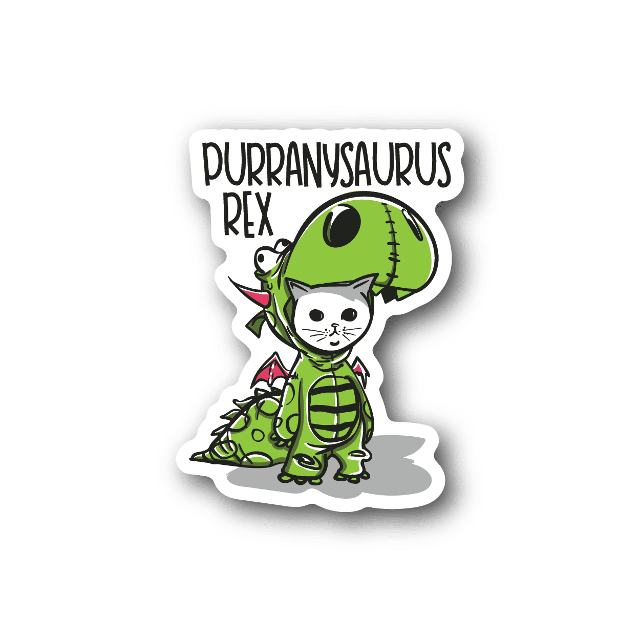 Vinyl sticker: green cat-dinosaur with 'Purranysaurus Rex' text