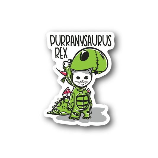 Vinyl sticker: green cat-dinosaur with 'Purranysaurus Rex' text