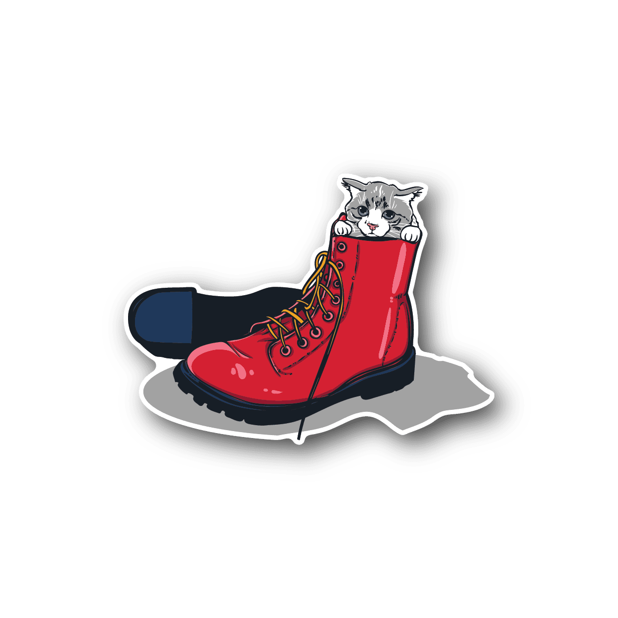 Red boot-wearing cat vinyl sticker with white border