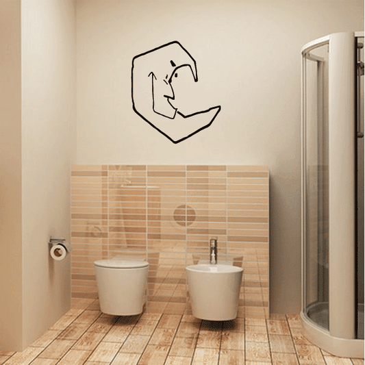 Moon face wall decal with black outline line art