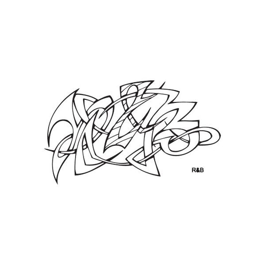 Graffiti-style R&B decal with interlocking letter lines, black outline on light background