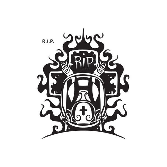 Graffiti-style R.I.P. decal with black ornate flames and tombstone, skull hands, cross