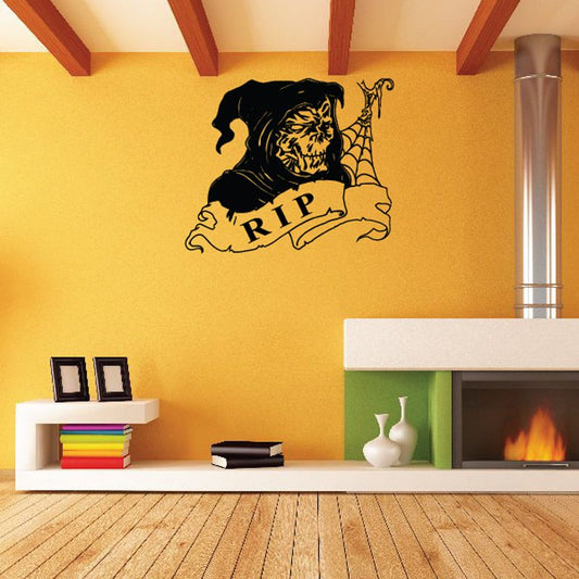 Grim reaper vinyl wall decal with RIP banner and scythe, dark figure illustration