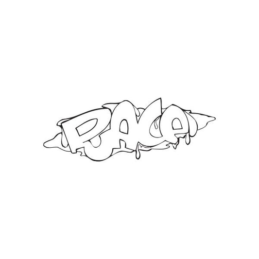 Graffiti-style decal with black outlined lettering
