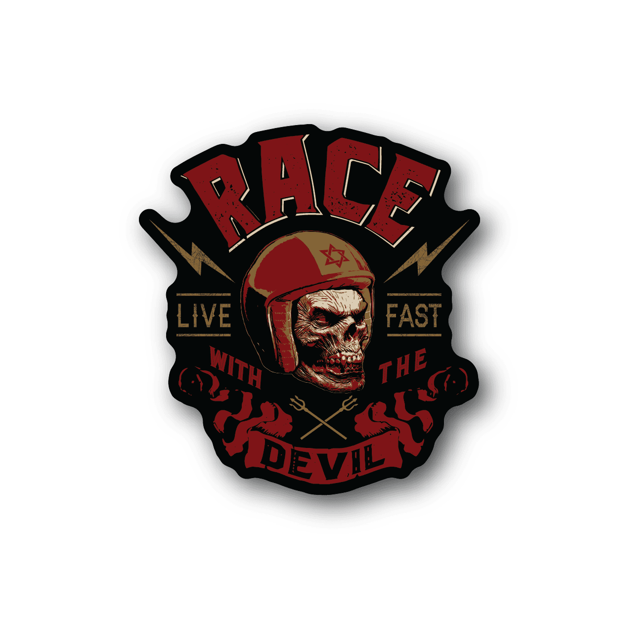 Vinyl sticker with 'RACE' text and skull wearing red helmet, 'LIVE FAST' graphic