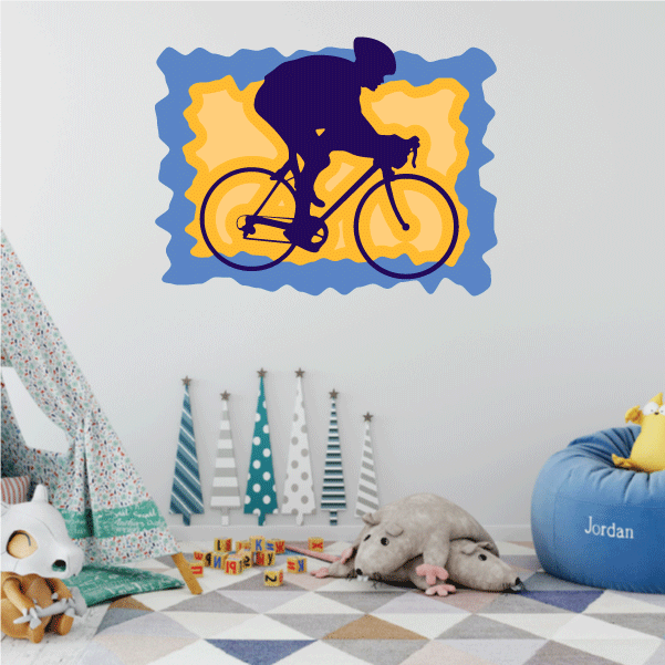 Racing cyclist sticker: purple rider on yellow bike, blue wavy border