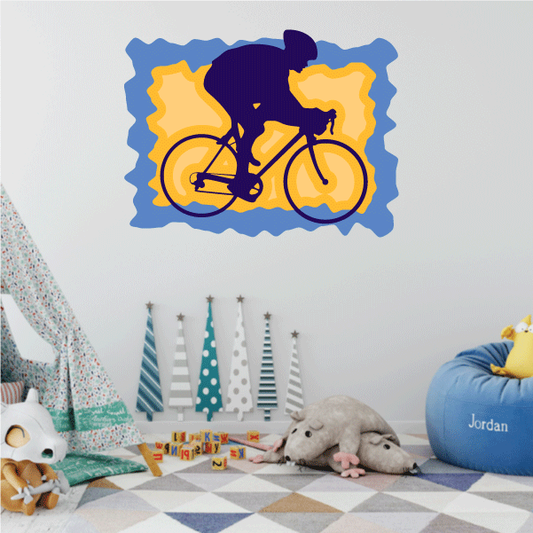 Racing cyclist sticker: purple rider on yellow bike, blue wavy border