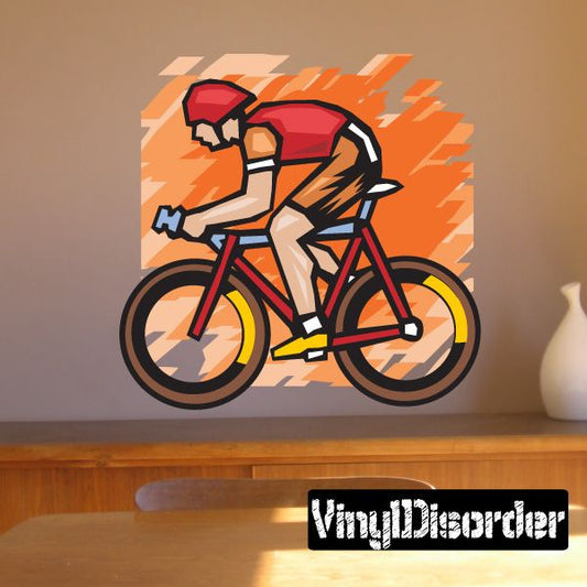 Racing cyclist wall decal with red bike and orange abstract speed lines