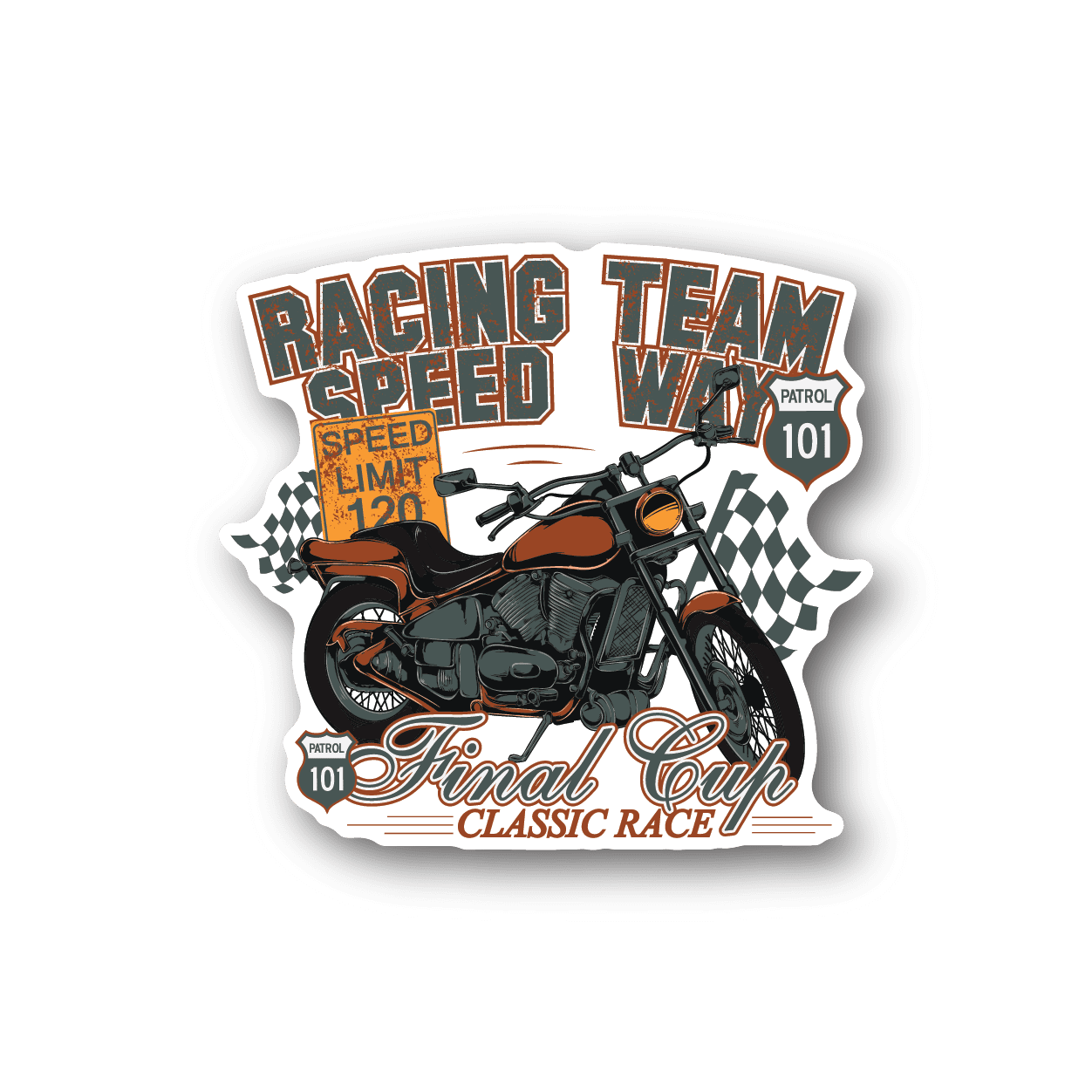 Motorcycle racing team vinyl sticker with orange black bike and race wording