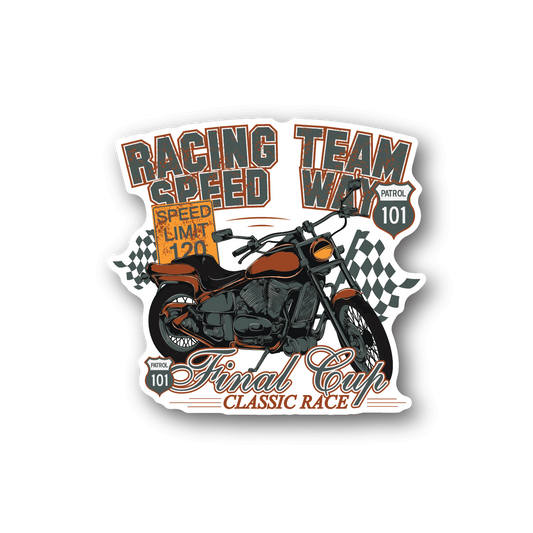 Motorcycle racing team vinyl sticker with orange black bike and race wording