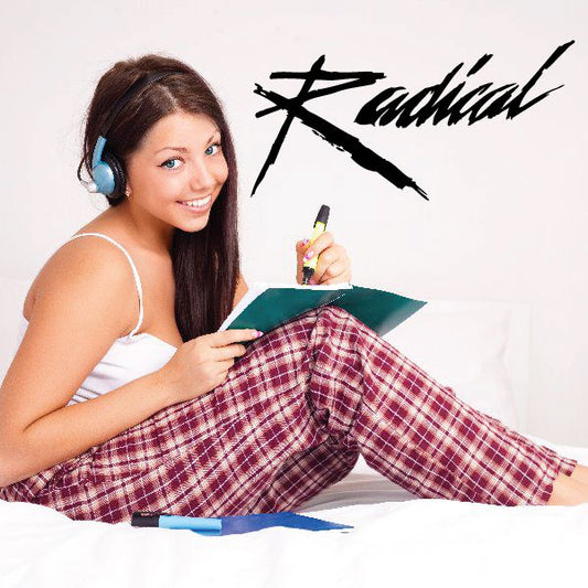 Radical decal with bold black stylized text