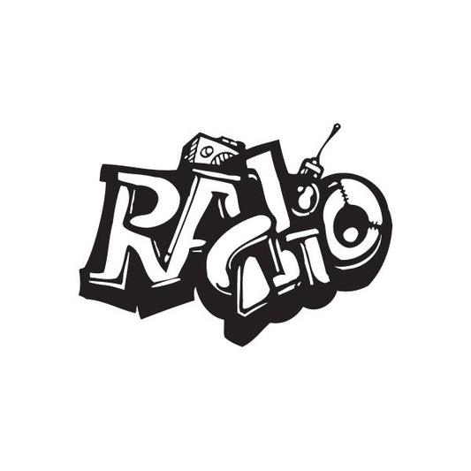 Graffiti-style radio decal, black and white