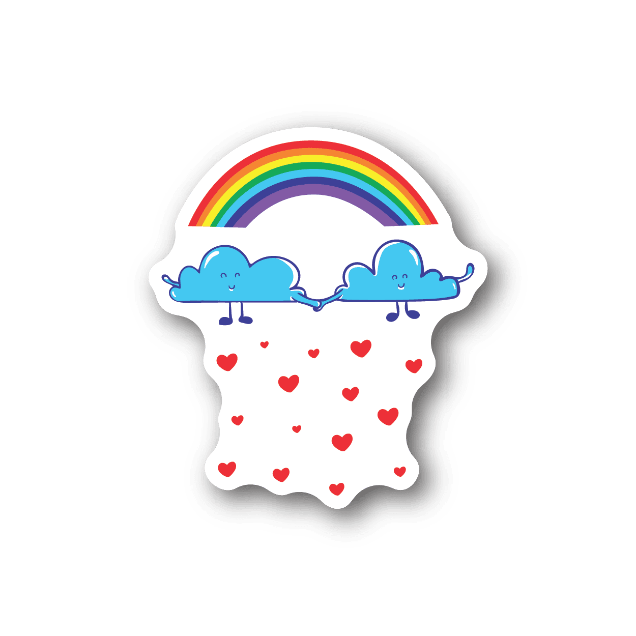 Rainbow and heart cloud vinyl sticker with blue faces and red hearts