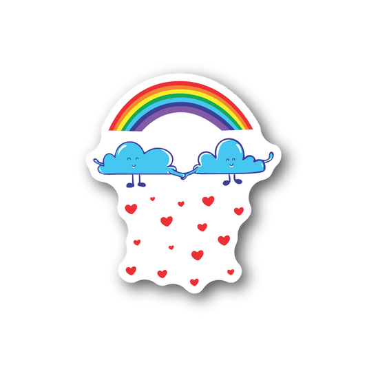 Rainbow and heart cloud vinyl sticker with blue faces and red hearts