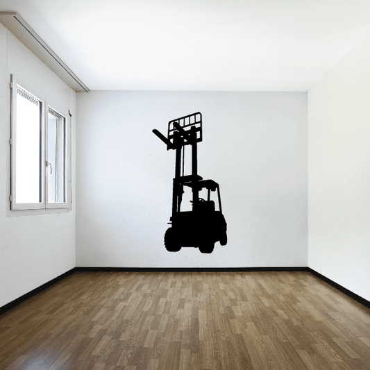 Raised forklift decal, black silhouette with raised forks and cab