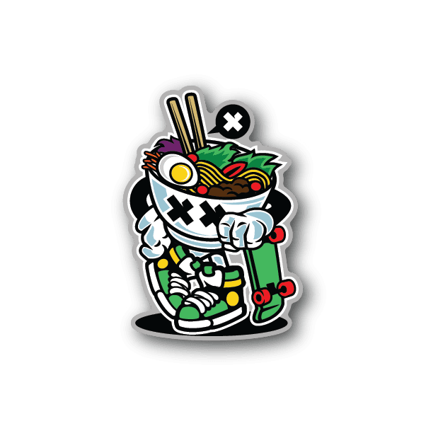 Ramen-style vinyl sticker of a cartoon chef holding chopsticks with colorful ramen bowl