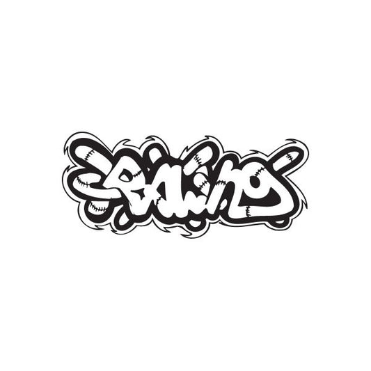 Graffiti decal sticker with bold black outlined lettering on white