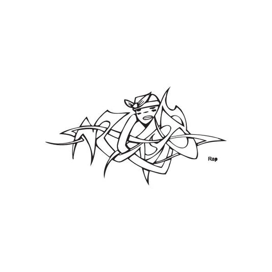 Graffiti rap decal with stylized rapper face and 'Rap' text, black line art