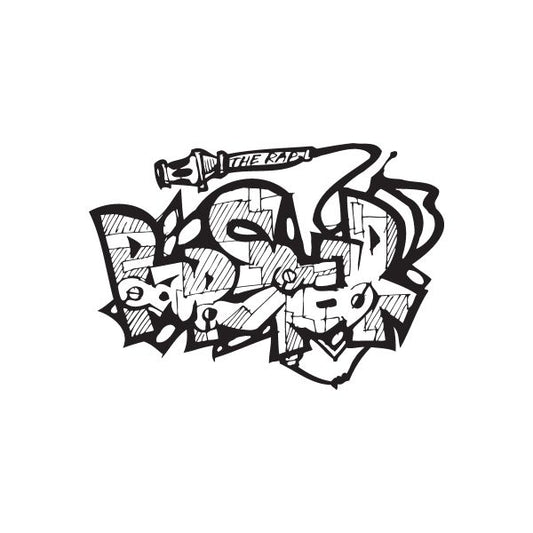 Rap star graffiti decal, black with bold stylized lettering and character graphic