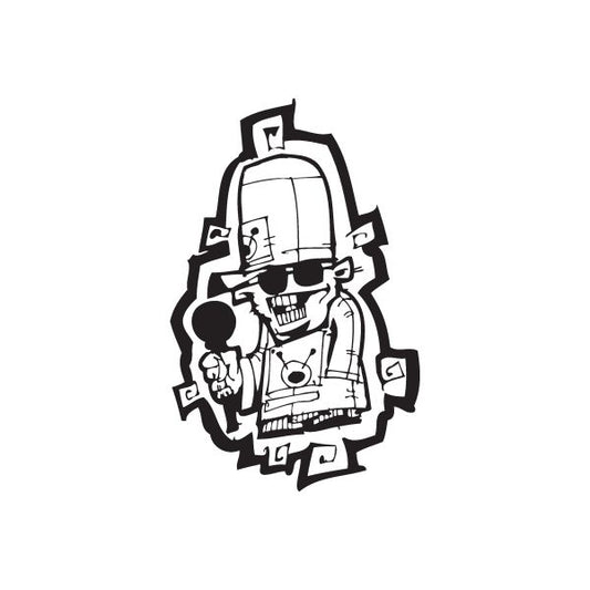 Graffiti rapper decal, black-and-white cartoon figure with headphones and skull
