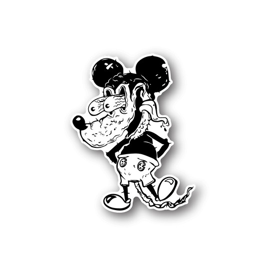 Vinyl sticker of a cartoon mouse with big hands and hat, white and black outline