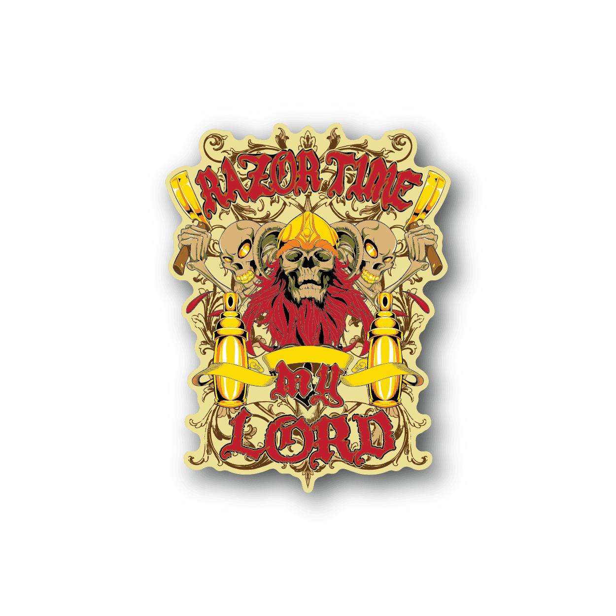 Vinyl sticker with ornate gold border, illustrated dog portrait, text 'Razor Time My Lord'.