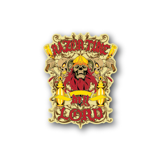 Vinyl sticker with ornate gold border, illustrated dog portrait, text 'Razor Time My Lord'.