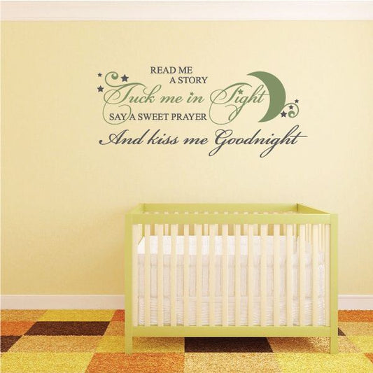 Printed wall decal with bedtime quote: Tuck me in tight and Goodnight