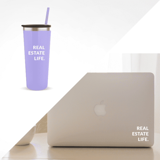 Purple tumbler with lid and straw, beside laptop with Real Estate Life logo