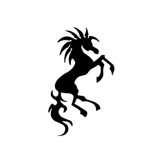 Rearing horse decal with black silhouette and flame-like mane and tail