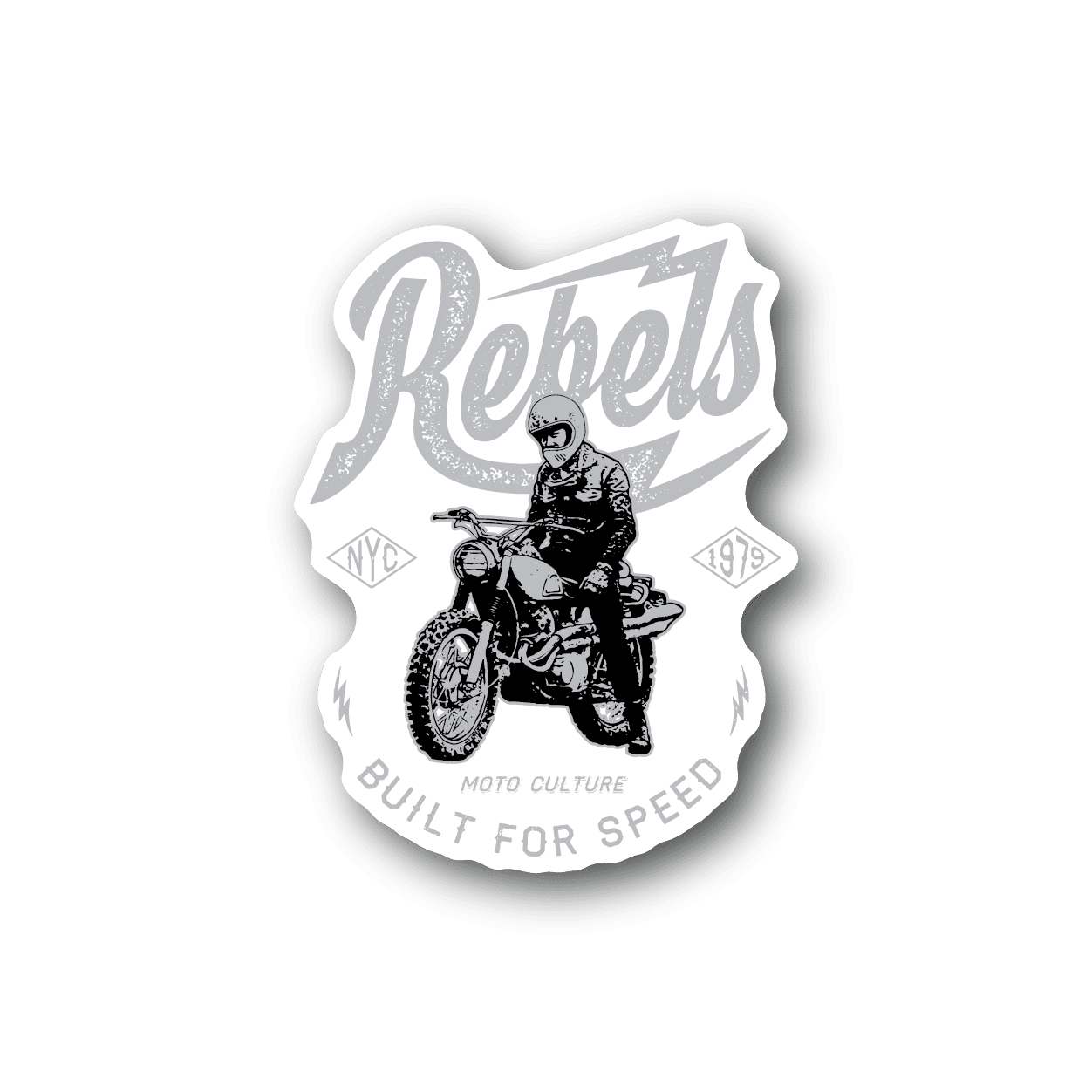 Motorcycle vinyl sticker with white Rebels text and rider on black motorcycle