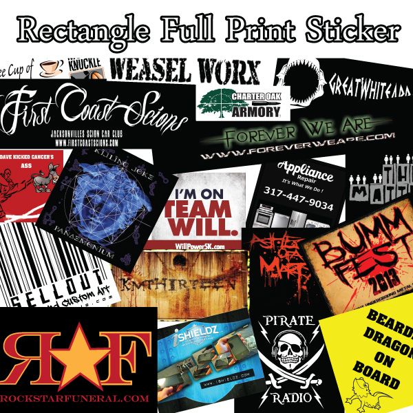 Rectangle full print sticker with colorful graphic collage on a dark background