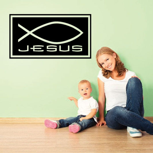 Rectangle decal with Jesus fish graphic in white on black border