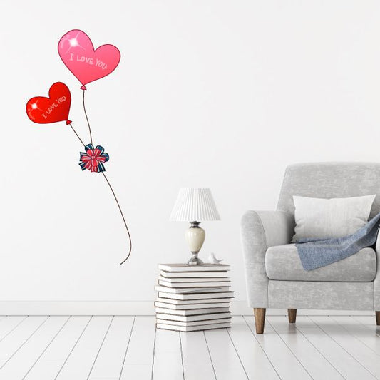 Heart balloon sticker with red and pink I Love You heart balloons and strings